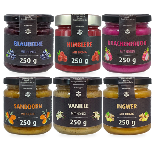Honig-Entdeckerpaket Sparbundle – Frucht, Vanille & Ingwer | 6 × 250 g – 6 Gläser zusammen als Set, Original-Produktbilder
