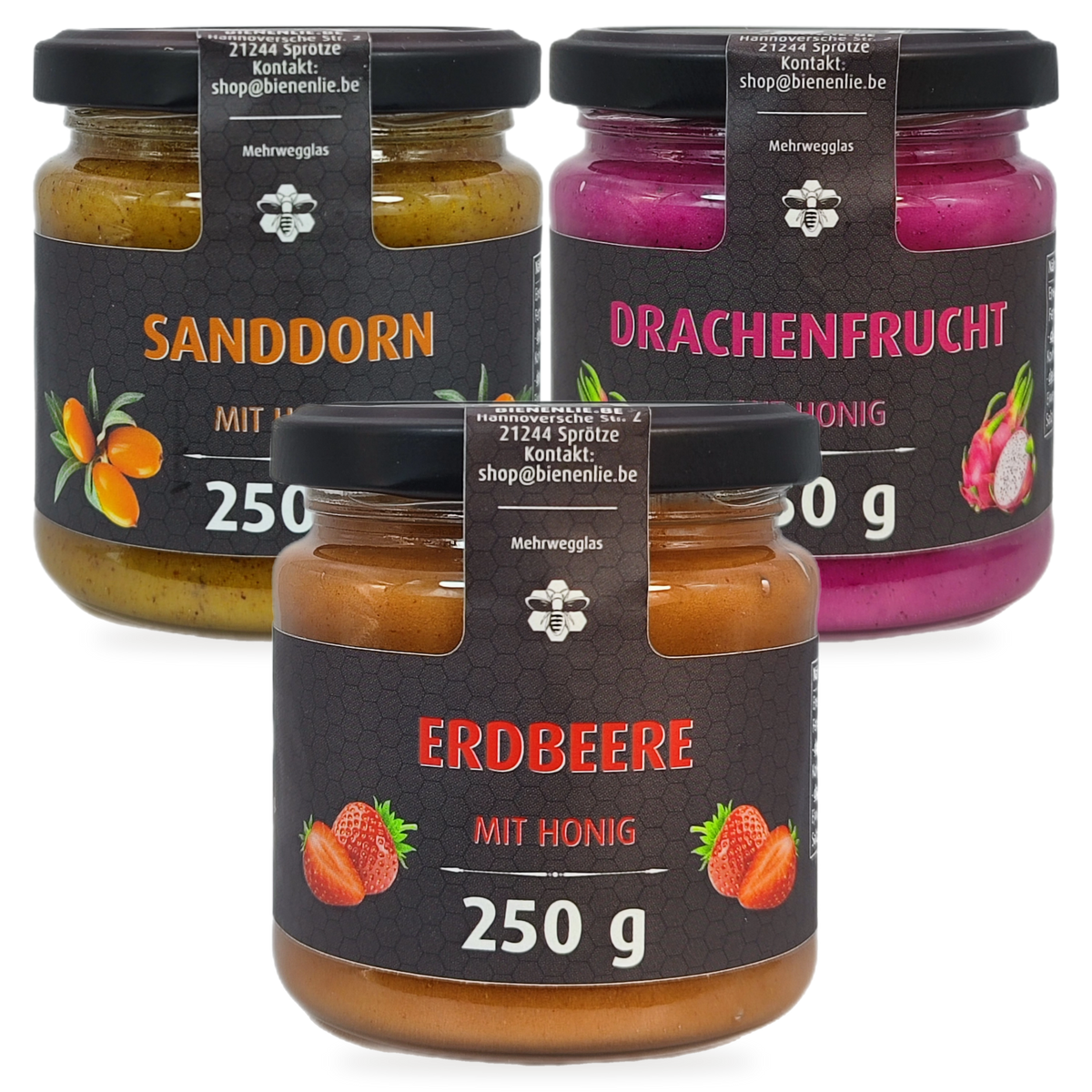 Frucht-Entdeckungen Sparbundle – Sanddorn, Drachenfrucht & Erdbeere mit Honig | 3 × 250 g – 3 Gläser zusammen als Set, Original-Produktbilder