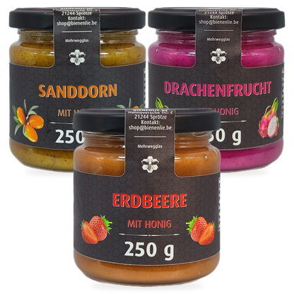 Frucht-Entdeckungen Sparbundle – Sanddorn, Drachenfrucht & Erdbeere mit Honig | 3 × 250 g – 3 Gläser zusammen als Set, Original-Produktbilder