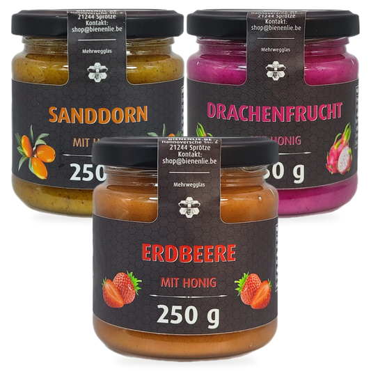 Frucht-Entdeckungen Sparbundle – Sanddorn, Drachenfrucht & Erdbeere mit Honig | 3 × 250 g – 3 Gläser zusammen als Set, Original-Produktbilder