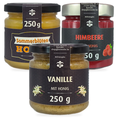 Frühstückstrio Sparbundle – Sommerhonig, Himbeere & Vanille | 3 × 250 g – 3 Gläser zusammen als Set, Original-Produktbilder
