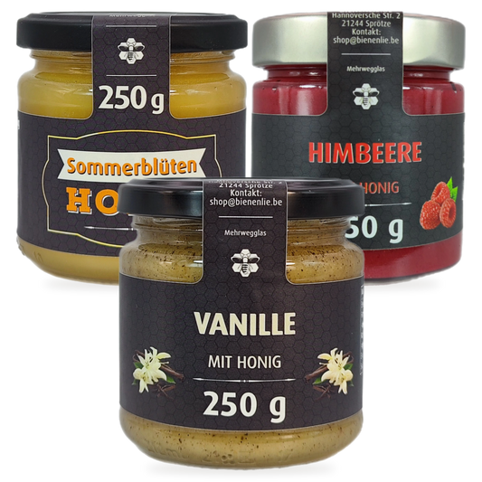 Frühstückstrio Sparbundle – Sommerhonig, Himbeere & Vanille | 3 × 250 g – 3 Gläser zusammen als Set, Original-Produktbilder