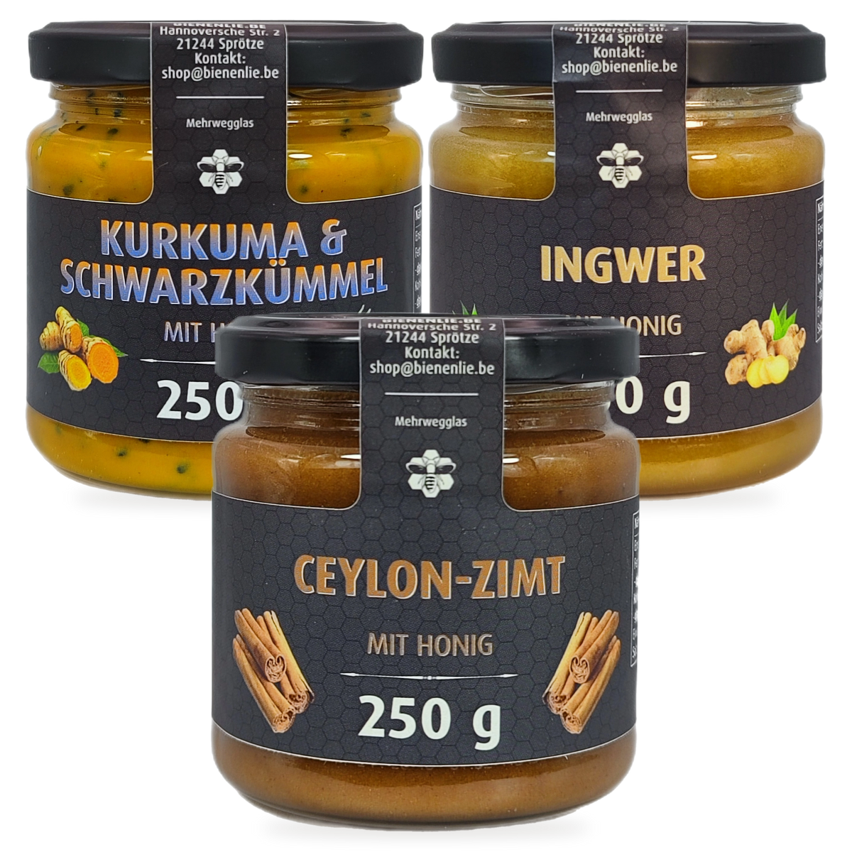 Gewürz-Trio Sparbundle – Kurkuma-Schwarzkümmel, Ingwer & Ceylon-Zimt mit Honig | 3 × 250 g – 3 Gläser zusammen als Set, Original-Produktbilder
