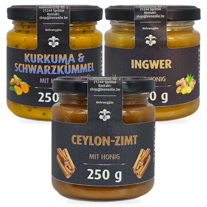 Gewürz-Trio Sparbundle – Kurkuma-Schwarzkümmel, Ingwer & Ceylon-Zimt mit Honig | 3 × 250 g – 3 Gläser zusammen als Set, Original-Produktbilder