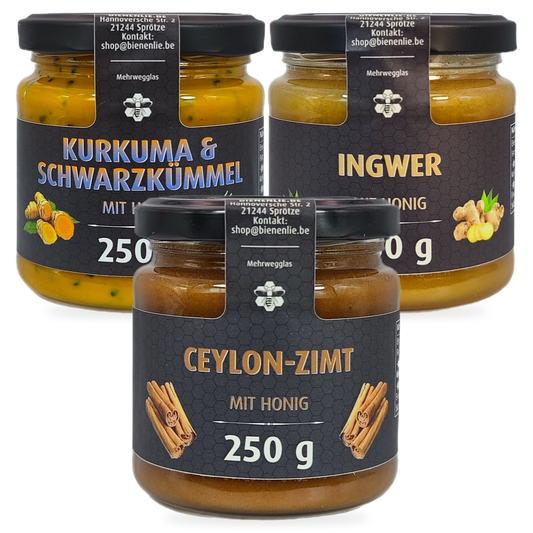 Gewürz-Trio Sparbundle – Kurkuma-Schwarzkümmel, Ingwer & Ceylon-Zimt mit Honig | 3 × 250 g – 3 Gläser zusammen als Set, Original-Produktbilder