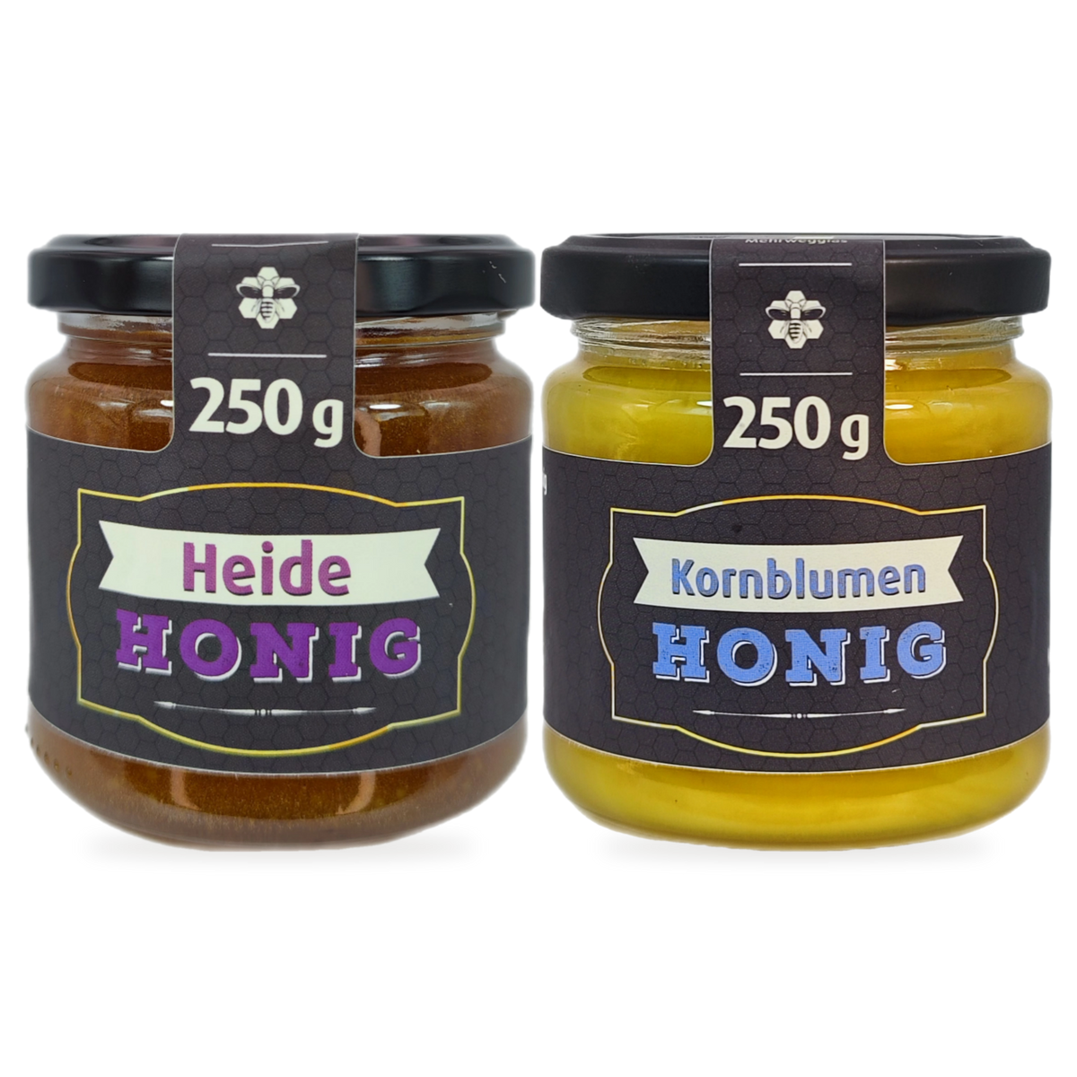 Heide-Duo Sparbundle – Heidehonig & Kornblumenhonig | 2 × 250 g – 2 Gläser zusammen als Set, Original-Produktbilder