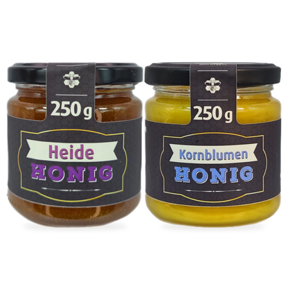 Heide-Duo Sparbundle – Heidehonig & Kornblumenhonig | 2 × 250 g – 2 Gläser zusammen als Set, Original-Produktbilder