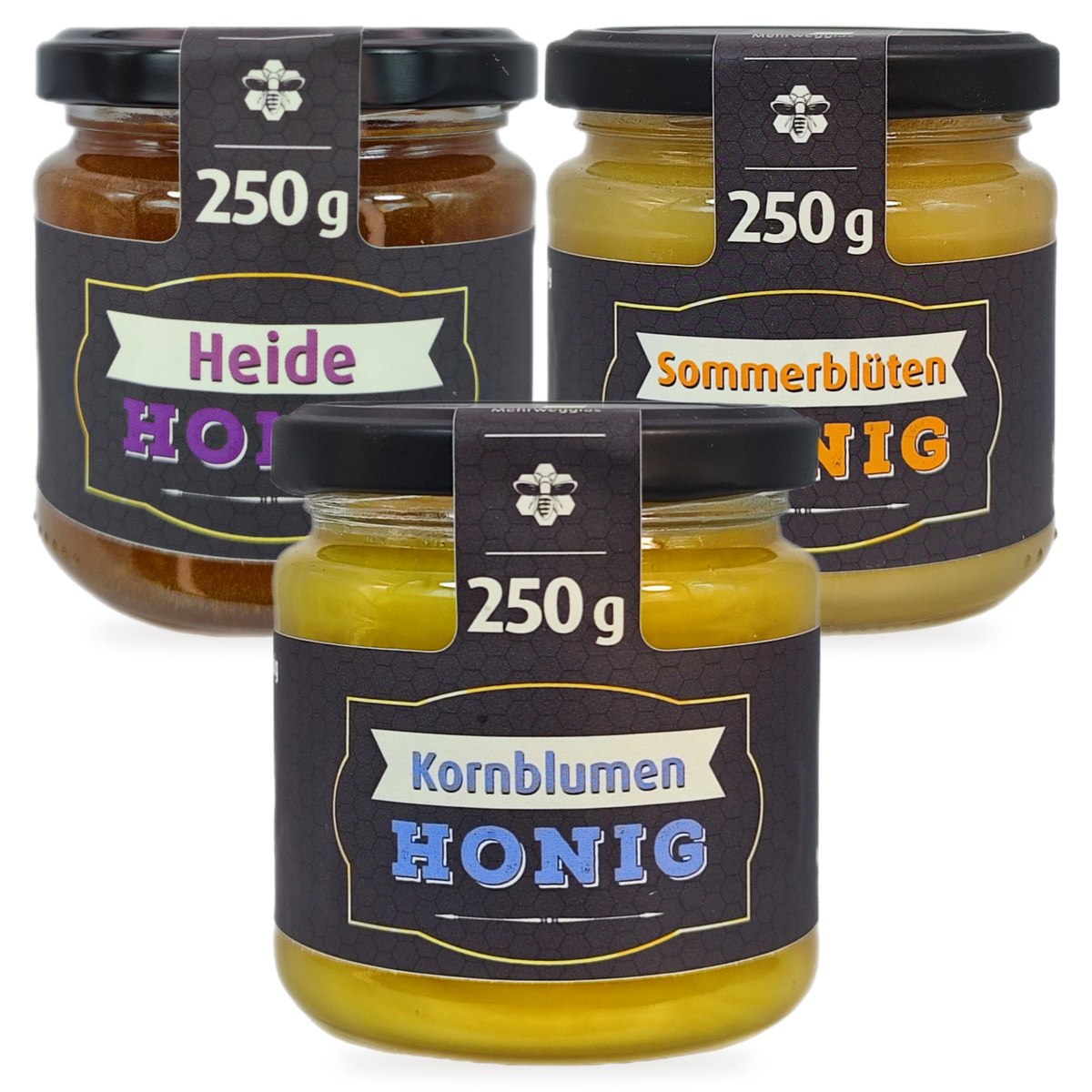 Heide-Auswahl 3er-Sparbundle – Heide, Sommer & Kornblume | 3 × 250 g – 3 Gläser zusammen als Set, Original-Produktbilder