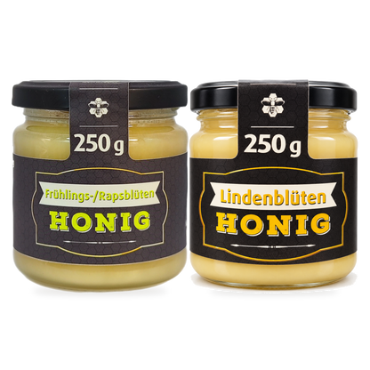 Honigduo Sparbundle – Raps & Linde | 2 × 250 g – 2 Gläser zusammen als Set, Original-Produktbilder