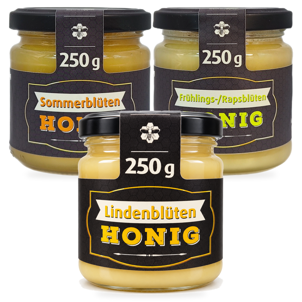 Honigklassiker 3er-Sparbundle – Sommer, Raps & Linde | 3 × 250 g – 3 Gläser zusammen als Set, Original-Produktbilder