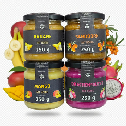 Honig mit Frucht 4er Set | Banane, Sanddorn, Mango & Drachenfrucht mit Honig | je 250g