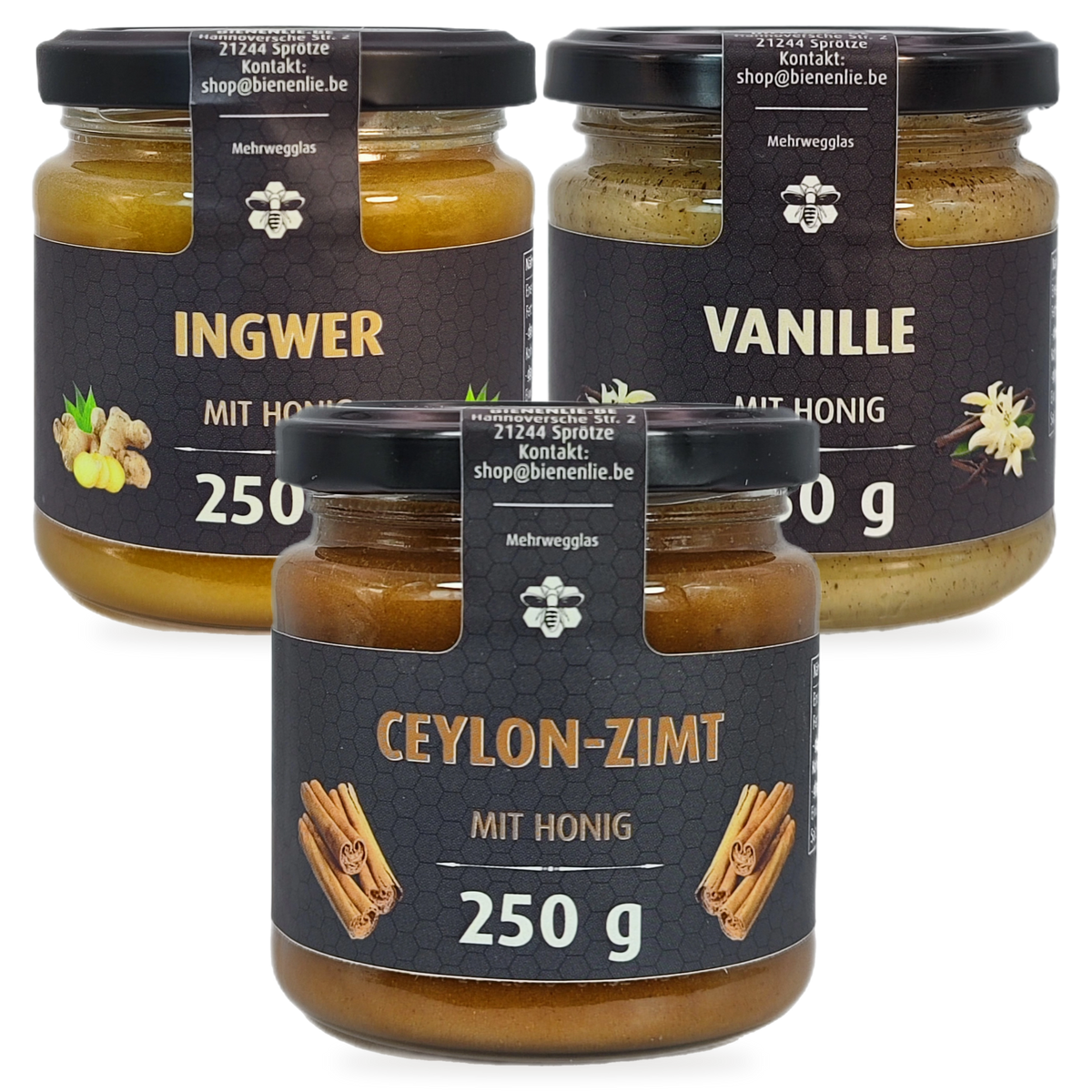 Wintergenuss Sparbundle – Ingwer, Vanille & Ceylon-Zimt mit Honig | 3 × 250 g – 3 Gläser zusammen als Set, Original-Produktbilder