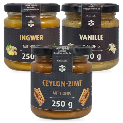 Wintergenuss Sparbundle – Ingwer, Vanille & Ceylon-Zimt mit Honig | 3 × 250 g – 3 Gläser zusammen als Set, Original-Produktbilder