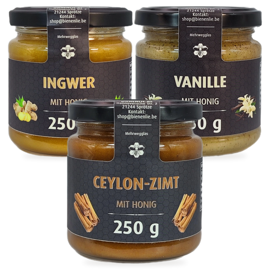 Wintergenuss Sparbundle – Ingwer, Vanille & Ceylon-Zimt mit Honig | 3 × 250 g – 3 Gläser zusammen als Set, Original-Produktbilder